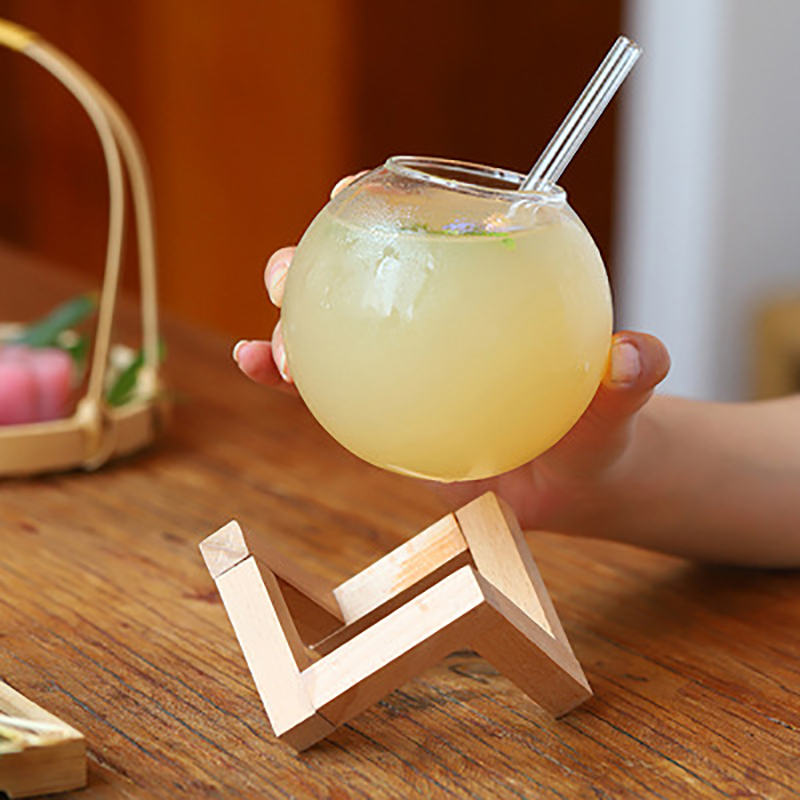 Round Ball Cocktail Mug with Wood Stand Fruit Moon Juice Tumbler