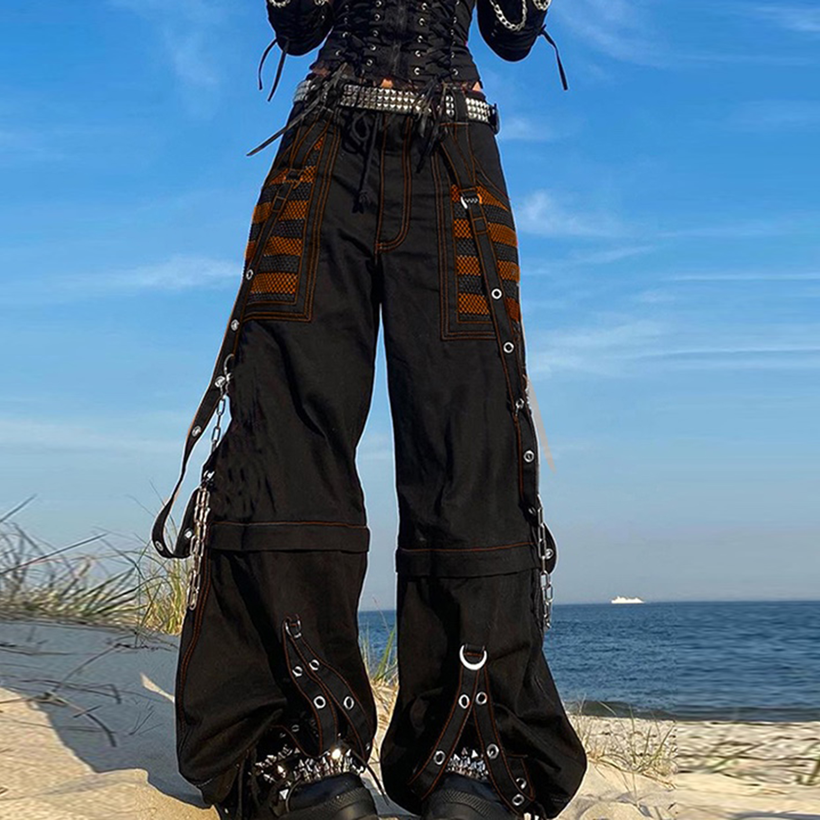 Women Fall Winter Cargo Jeans, Striped Loose Casual Trousers, Street wear Pants with Pockets, Zipper Button Closure