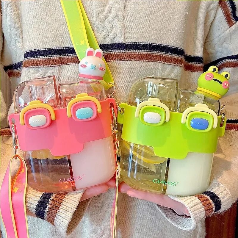 Large Capacity Kids Water Bottle with Straw Double Compartment Cartoon Design