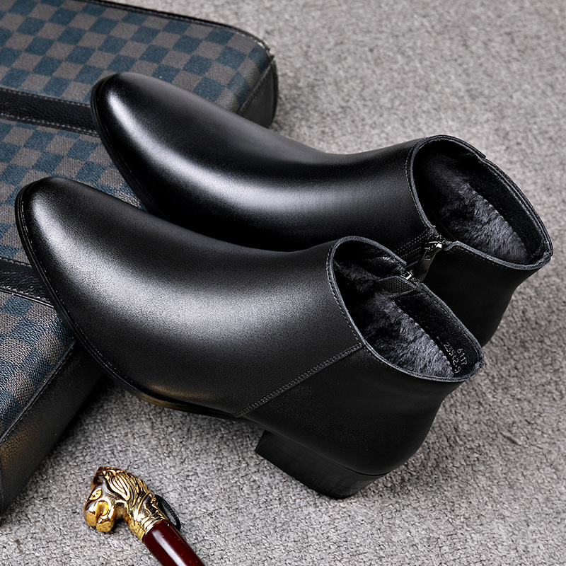 Men's British Business Leather Boots, Pointed Toes Chelsea Boots, Fashion Casual Shoes, High Heels and Fleece Design