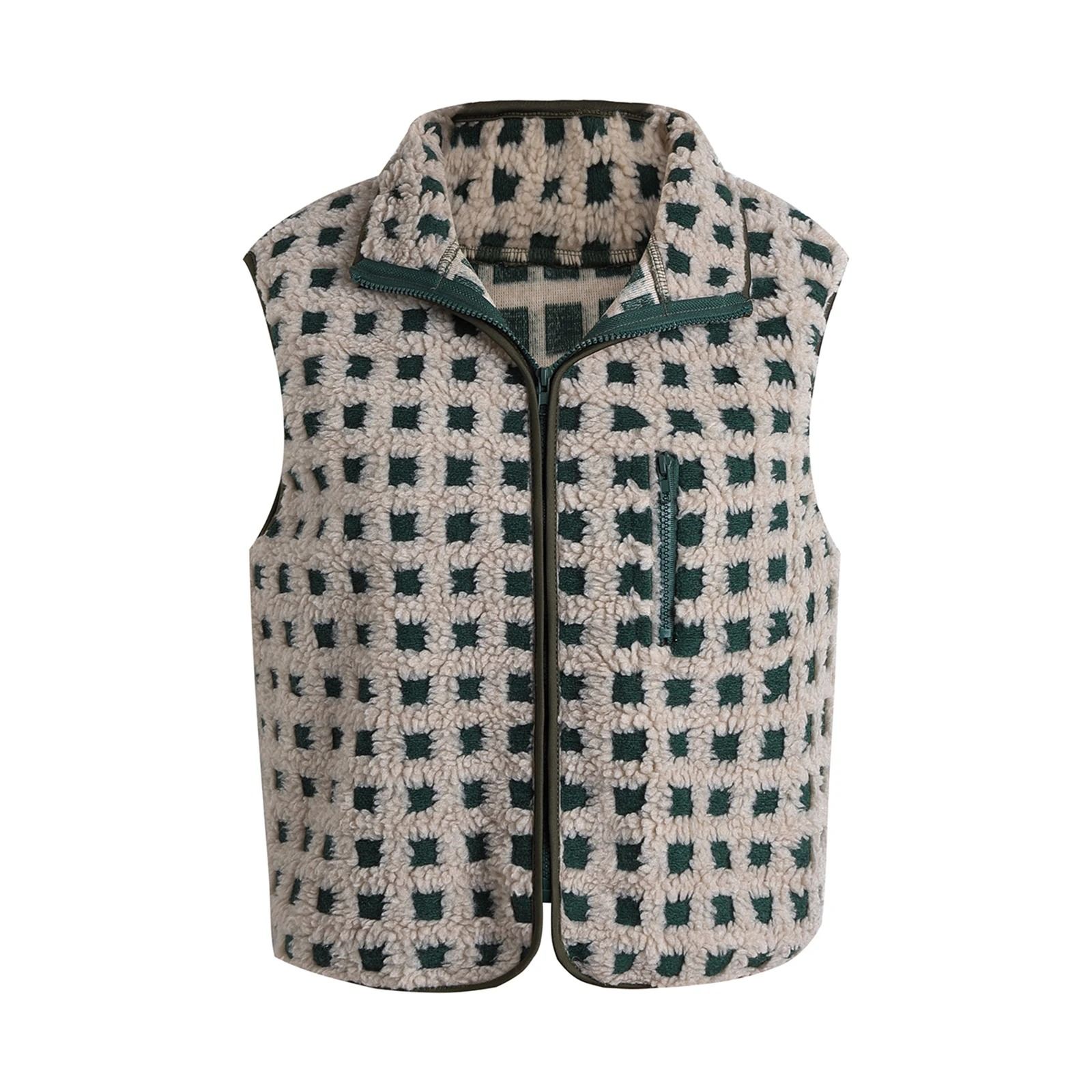 Womens Fuzzy Checkered Vest Zip Up Sleeveless Jacket Vest Warm Stand Collar Casual Outwear