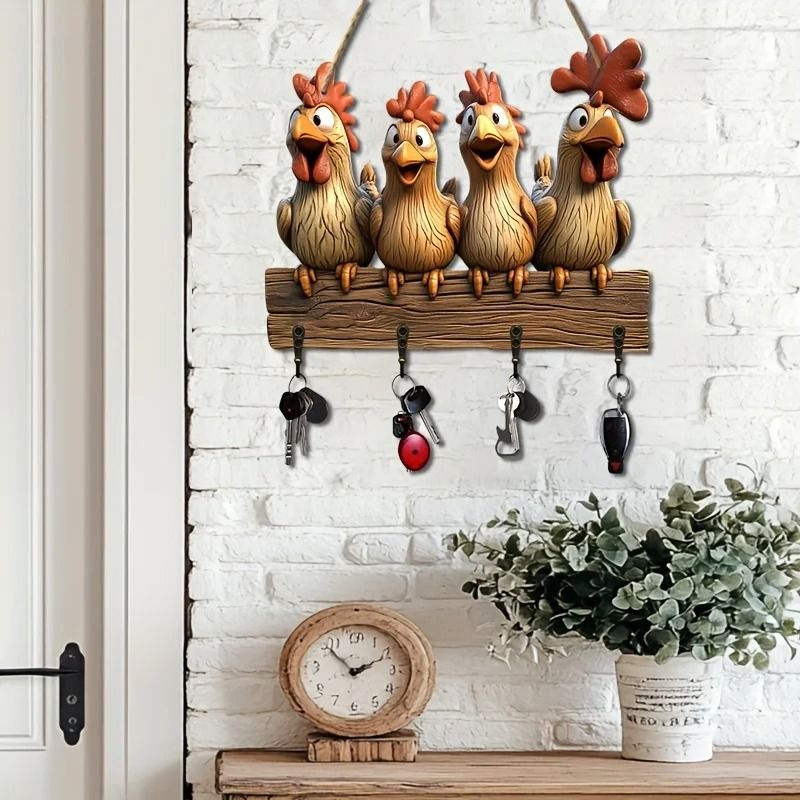 Rustic Farmhouse Hen Key Holder | Whimsical 2D Wooden Wall Mount Organizer with Antique Copper Hooks