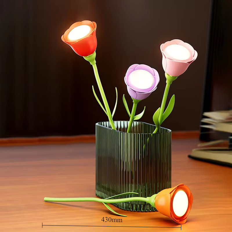 Creative Rechargeable Rose LED Desk Lamp, Bendable Dimmable Flower Night Light with Brightness Memory