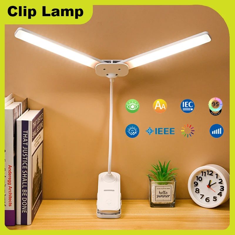 Dual Head USB-C Rechargeable LED Desk Lamp, Foldable Eye-Care Dimmable Reading Light for Bedroom Dorm Study
