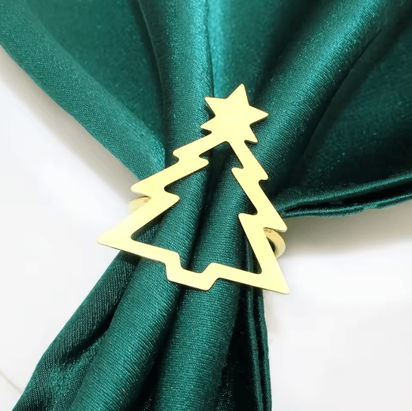 Christmas curtain rings Hollow Out Xmas Tree Curtain Holder and Golden Serviette Buckles for Holiday Table Decor