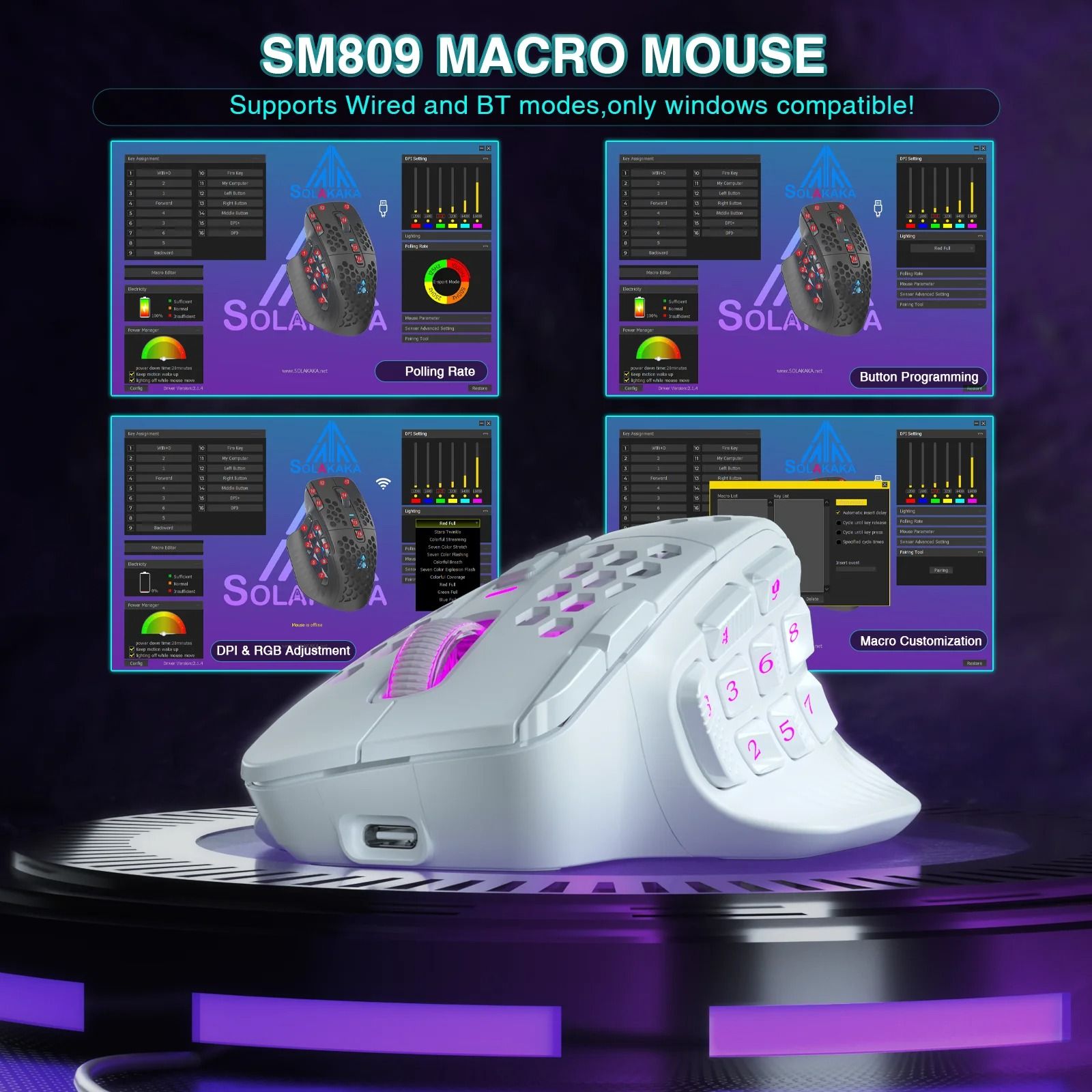 SOLAKAKA SM809 Pro Wireless MMO Gaming Mouse PAW3311 with 16 Programmable Buttons