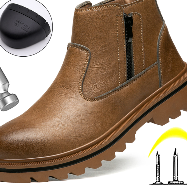 Men Brown Leather Steel Toe Boots, Safety Work Protection Shoes, Puncture-Proof, Side Zipper Design