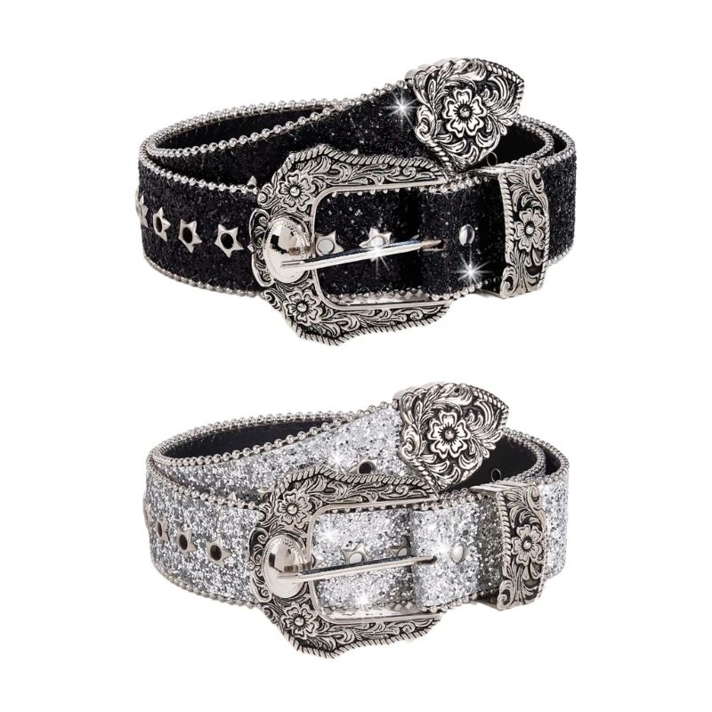 Glitter Sequined Waist Belt with Sparkling Buckle