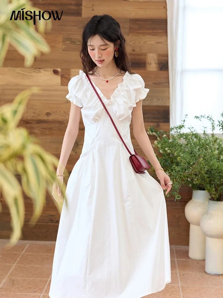 MISHOW V-Neck Puff Sleeve Dress | Premium 100% Cotton Slim Midi Dress & Professional 2025 Summer Office Outwear