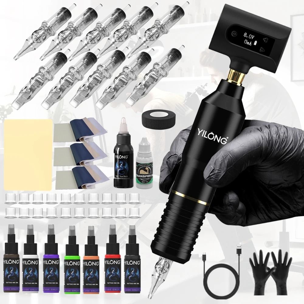 Professional Wireless Rotary Tattoo Machine Kit with 10 Cartridge Needles Complete Set