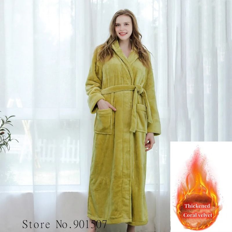 Extra Long Winter Coral Fleece Bathrobe – Hooded Warm Kimono & Cozy Shower Robe for Women