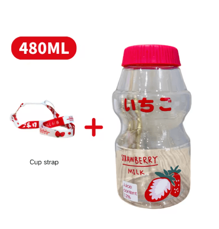 480ml Kawaii Milk Carton Water Bottle Cute Plastic Drinking Bottle with Cup and Strap