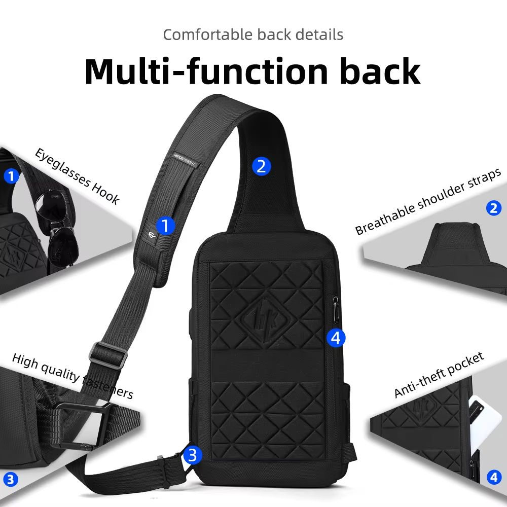 Waterproof Anti-Theft Oxford Chest & Crossbody Sling Bag with USB Port for Men