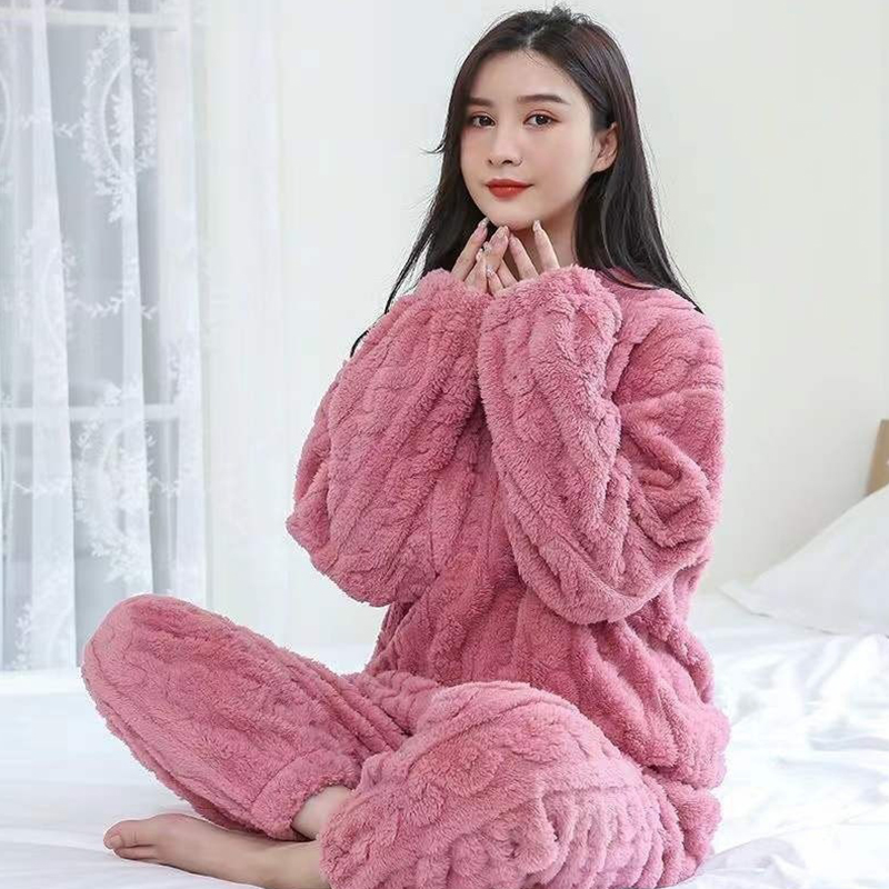 Women Casual Pajama Sets, Autumn Women Solid Warm Piece Sets, Thicken Velvet Ribbed Fleece Set Pullover and Pants
