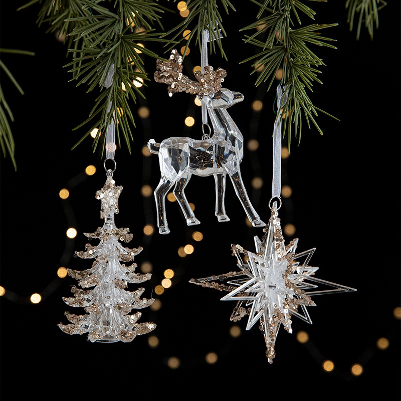 Christmas Tree Ornaments Hanging, Acrylic Crystal Pendant, Snowflake Ornaments , Home Decoration Xmas Gifts