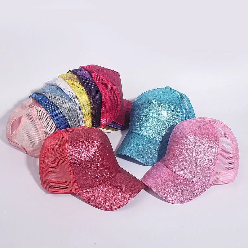 Sequin Ponytail Baseball Cap for Women – Shiny Messy Bun Summer Snapback Hat