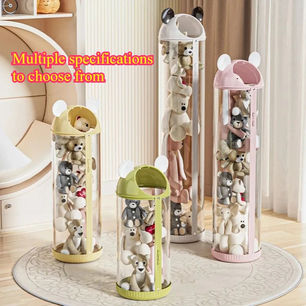 Cartoon Transparent Toy Storage Bucket with Lid – Cute Plush Doll Organizer Tube