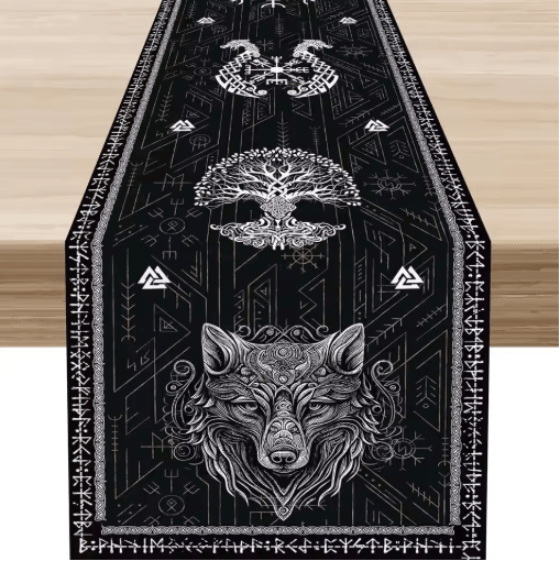 Norse Viking Raven Linen Table Runner Mythology Tree of Life Kitchen Decor
