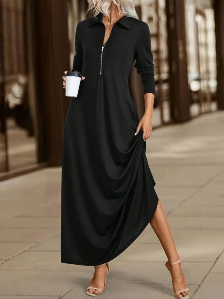Elegant Long Sleeve Maxi Dress with Pockets – Spring-Autumn Slim Shirt Dress