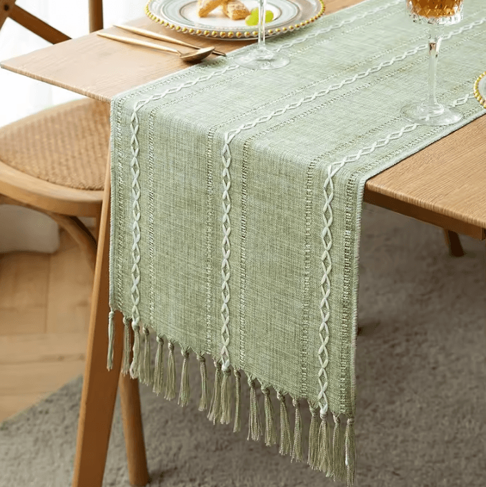 Boho Green Table Runner with Tassels – Rustic Cotton Linen Farmhouse Dining Decor