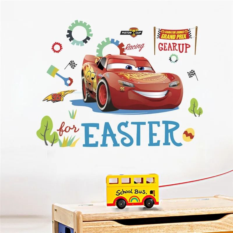 3D Cartoon Cars Breakthrough Wall Decal | Lightning McQueen Racing Mural | High-Fidelity Kid's Room & Playroom Art