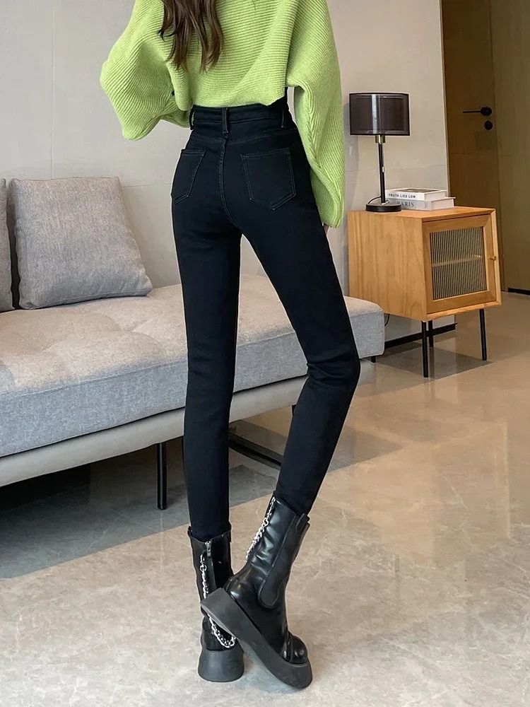 Womens Fleece Lined High Waist Jeans Warm Stretch Winter Skinny Pants