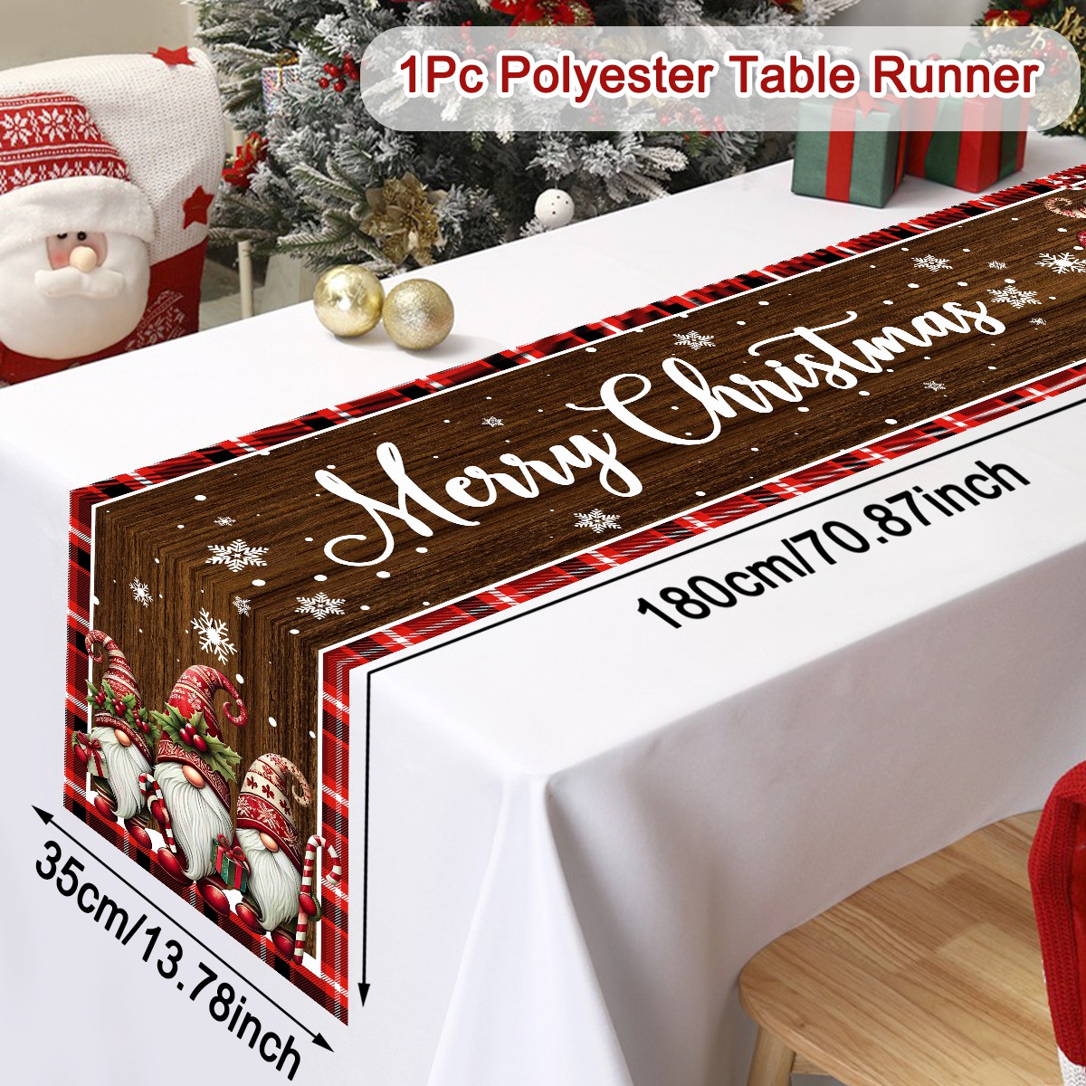Christmas Table Runner, Wood Grain Decorations, Gnome Christmas Table Cover