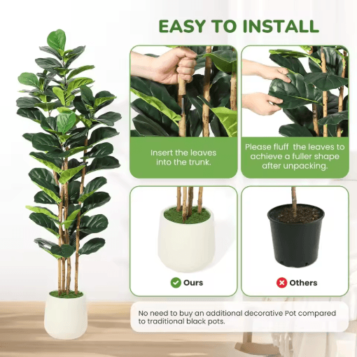 Artificial Fiddle Leaf Fig Tree with Pot Tall Faux Indoor Plant for Home Decor 5–7 FT