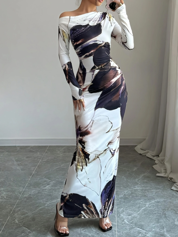 Slanted Shoulder Dress For Women, Long Sleeved Spring Summer Style