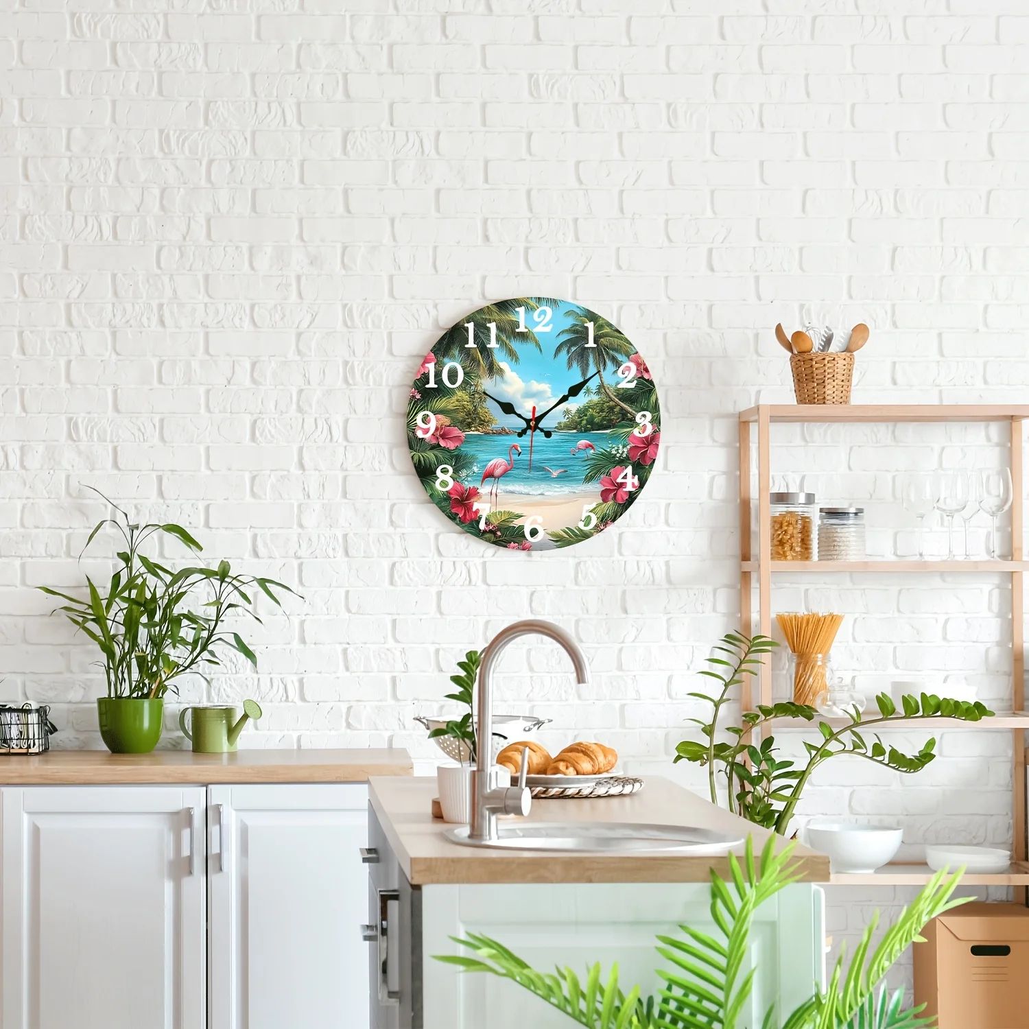 Tropical Flamingo Beach Wall Clock with Silent Quartz Movement & Digital Display