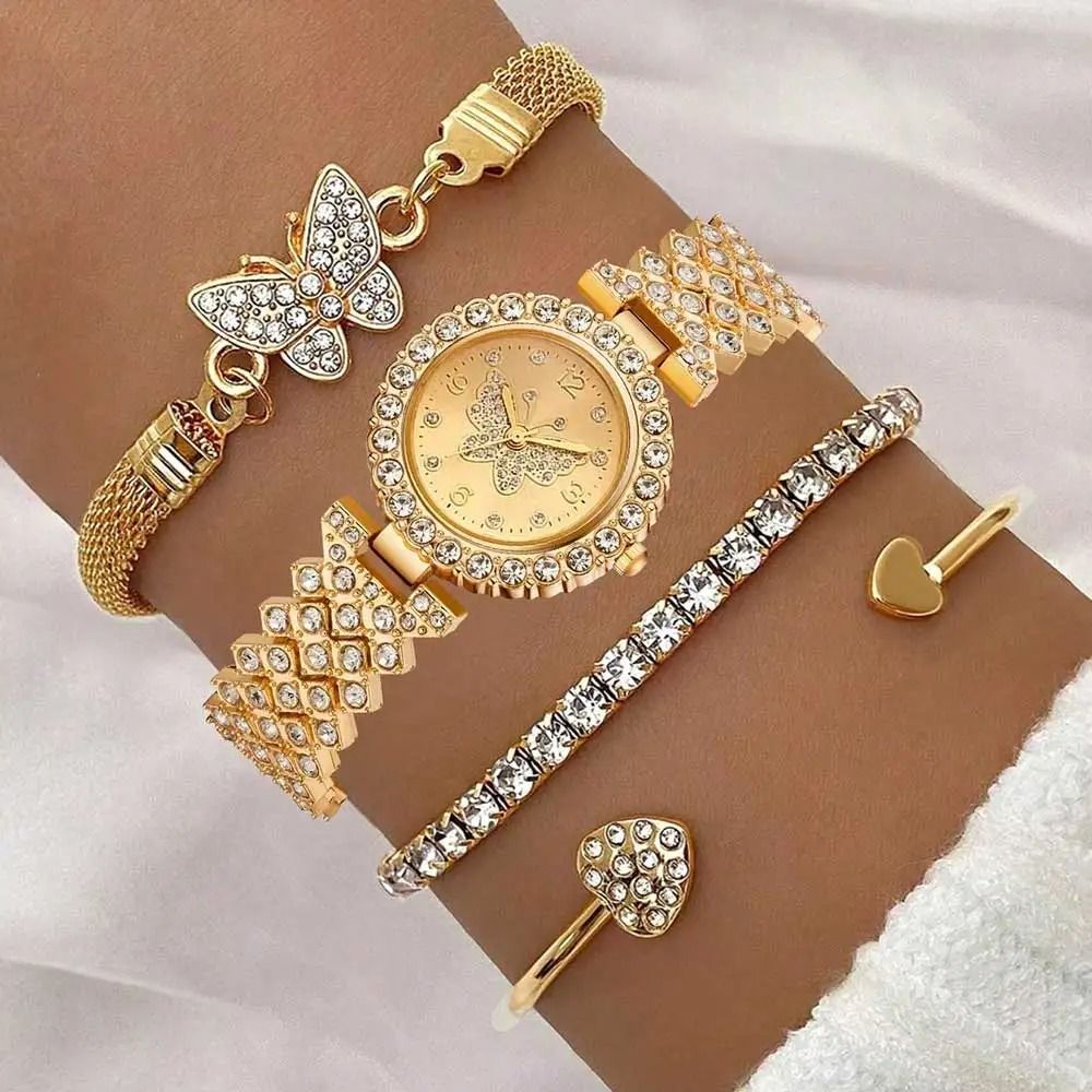 4 Piece Golden Butterfly Luxury Women's Watch Set