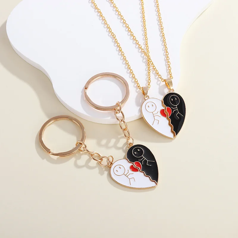 Couple Magnetic Necklace Stickman Heart Charm, Fashion Trendy Splicing Heart Pendant Jewelry Gift