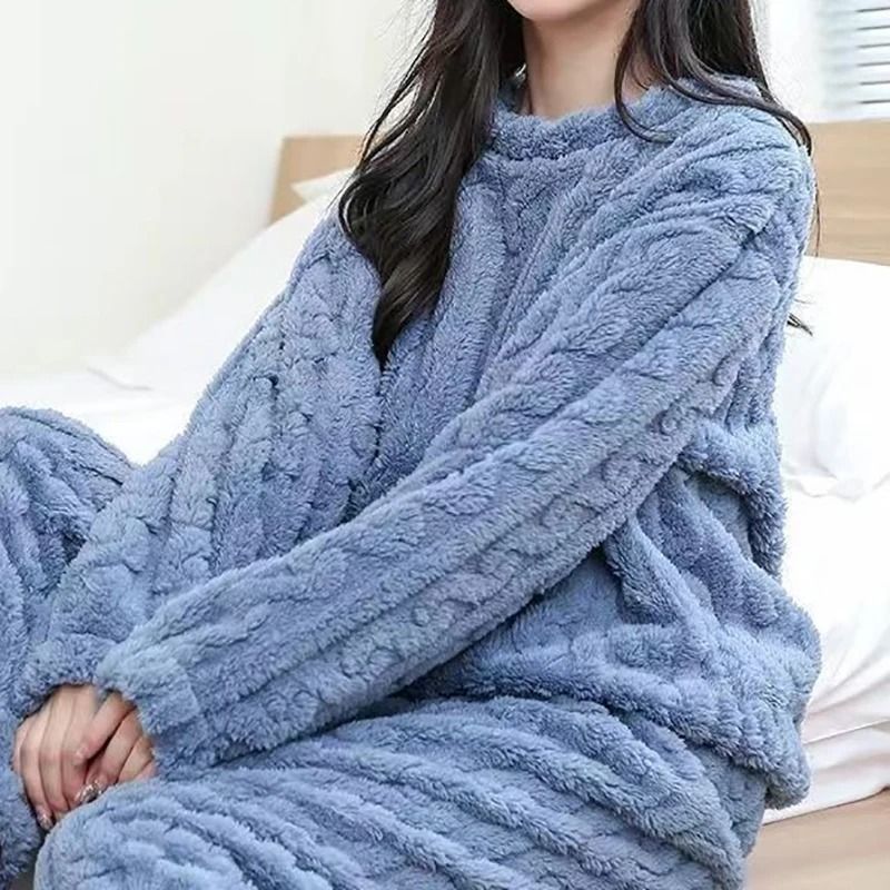 Womens Warm Velvet Ribbed Fleece Pajama Set Pullover and Pants