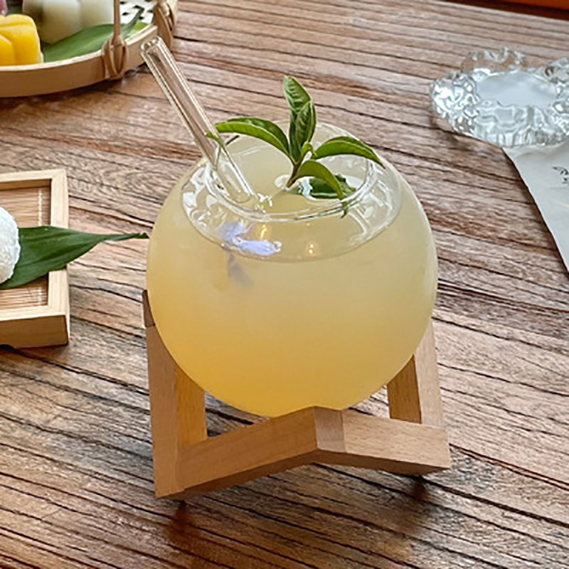 Round Ball Cocktail Mug with Wood Stand Fruit Moon Juice Tumbler
