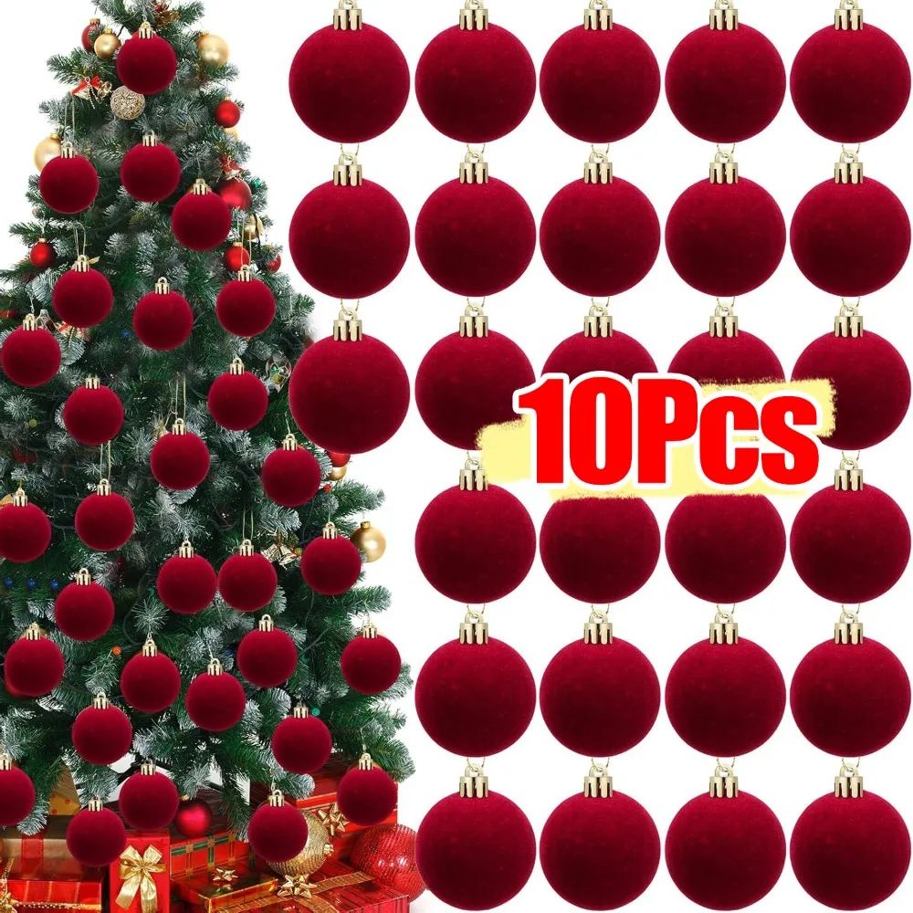 Red Flocked Christmas Ball Ornaments 6cm Tree Decorations
