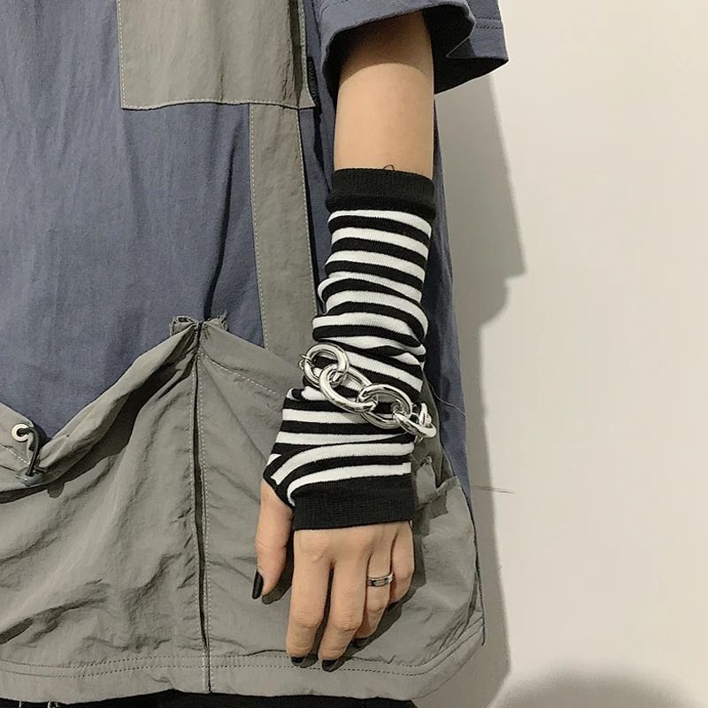 Winter Knit Fingerless Elbow Gloves Unisex – Hip-Hop Stripe Arm Warmers