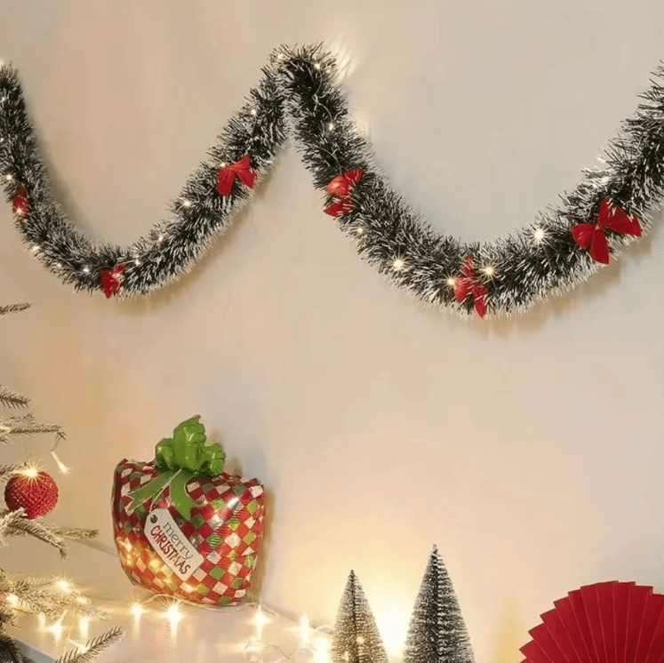 Christmas Tinsel Garland with LED Lights – 2M Metallic Hanging Decor