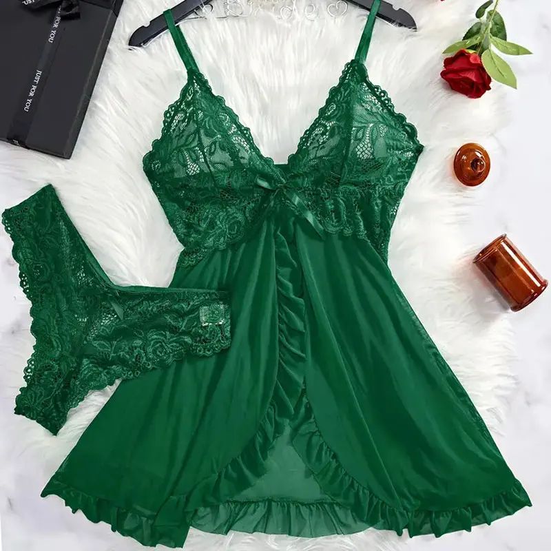 Women Summer Lace Nightgown Set with Suspender Dress and Thong