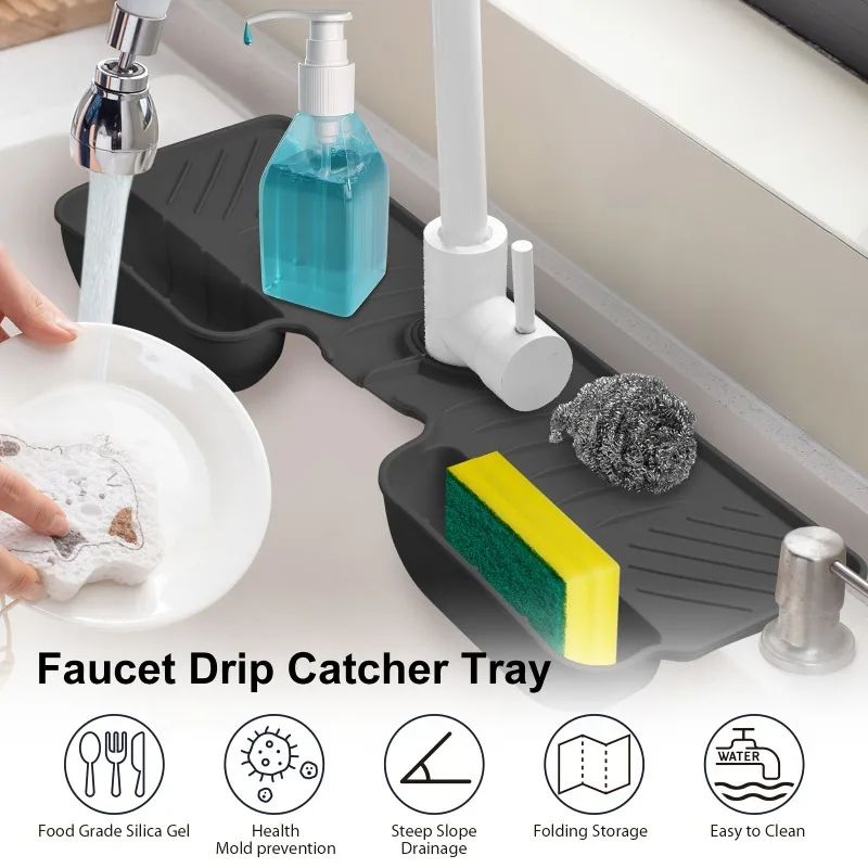 Silicone kitchen sink organizer with Dual Pockets, sink splash guard & Quick-Drain Mat