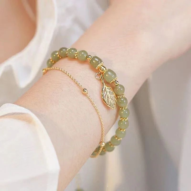 Chinese Style Green Jade Gold Leaf Double Chain Bracelet
