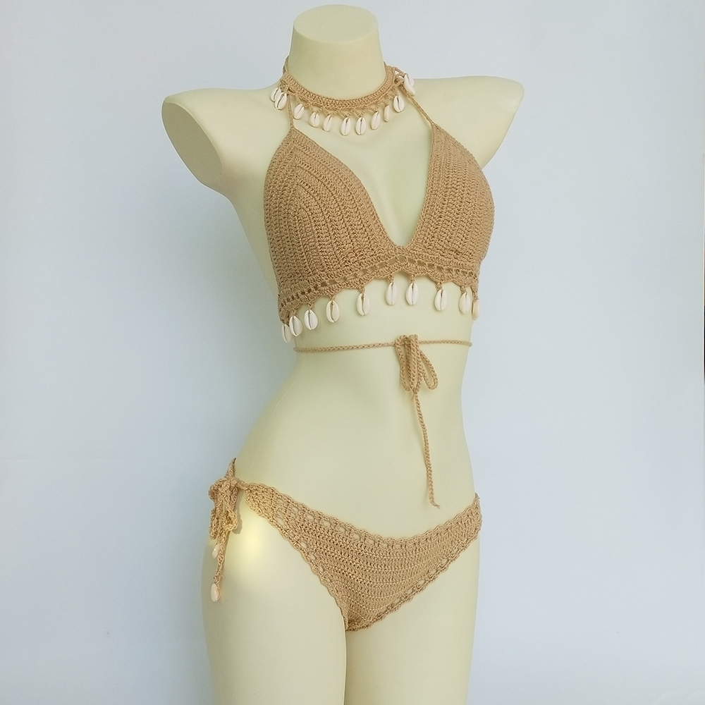 Sexy Bikini Set Woman Crochet Shell Tassel Bikini Top, Seashell Ankle Chain, Low Waist Hollow-out Thong Bottom