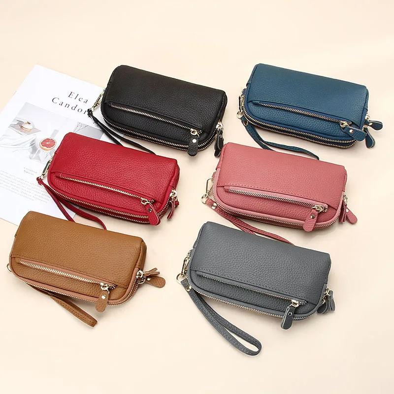 Genuine Leather Women Double Zip Wallet Cowhide Clutch Purse Wristlet Bag & Coin Purse for Mobile Phones