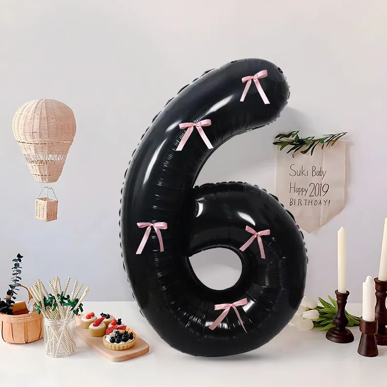 Black Number Balloon with Pink Bow