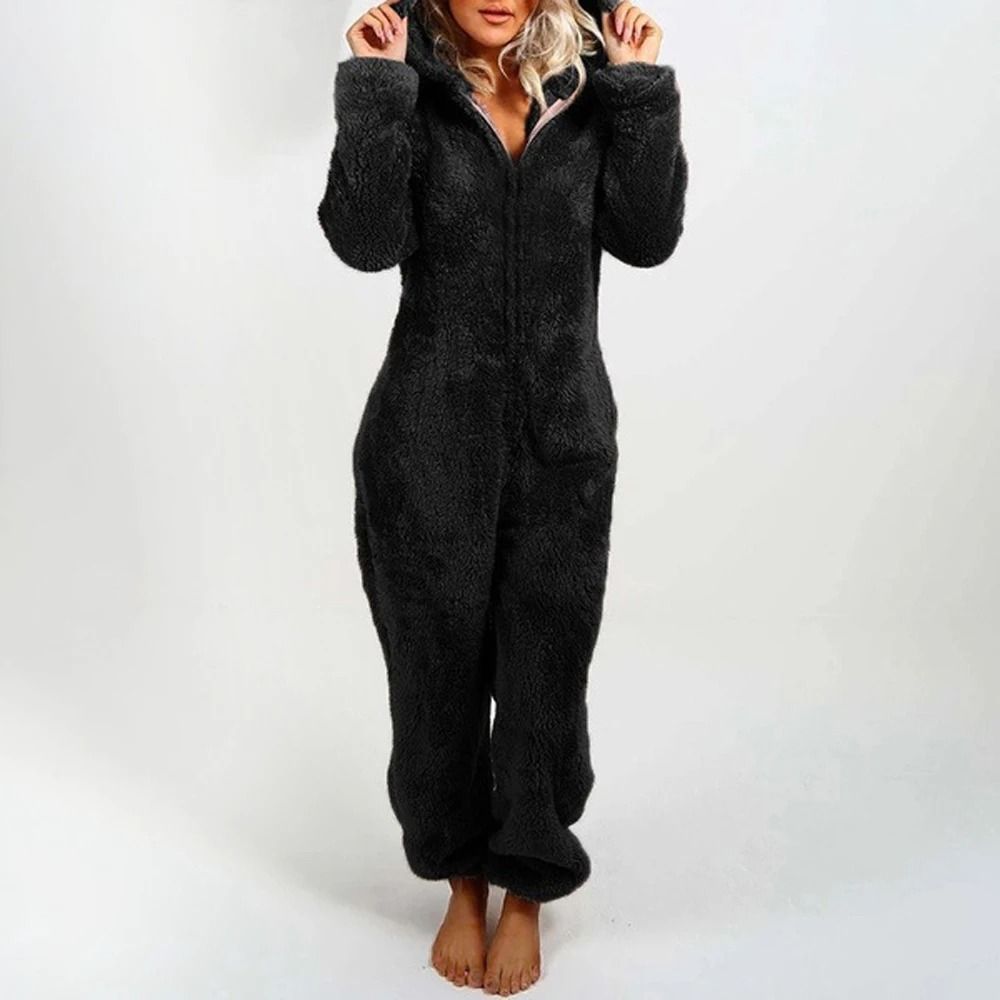 Womens Plush Flannel Pajama Romper Hooded Long Sleeve Winter Sleepwear Onesie