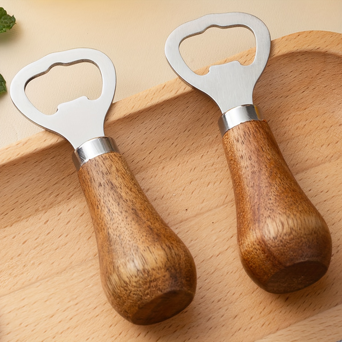 Portable Stainless Steel Bottle Opener, Wood Handle Drink Cap Lid Beer Bottle Opener, Easy to Carry Kitchen Gadget