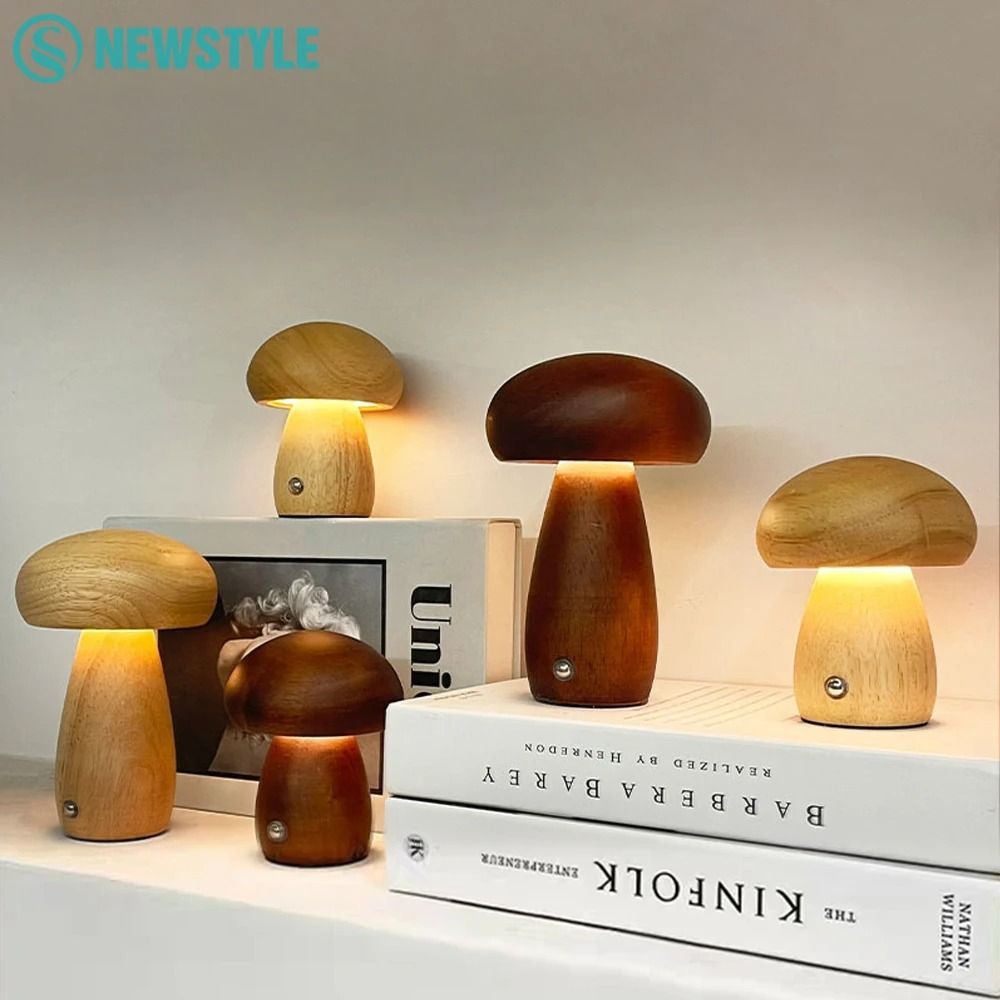 Wooden Mushroom Night Light Stepless Dimming Bedside Table Lamp Rechargeable 3 Color