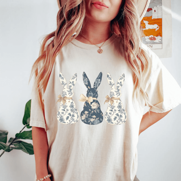Floral Blue Bunny Shirt Coquette Tee – Cute Easter Bunny Spring Aesthetic Comfort Colors Shirt