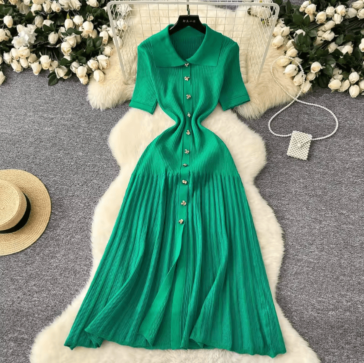 YuooMuoo Elegant Patchwork Knitted Maxi Dress with Turn-Down Collar