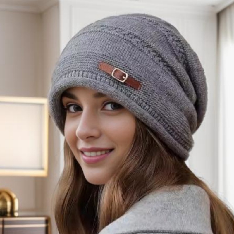 Fleece Lined Women's Knit Beanie Hat, Autumn Winter Warm, Large Size Full Coverage Stackable Design