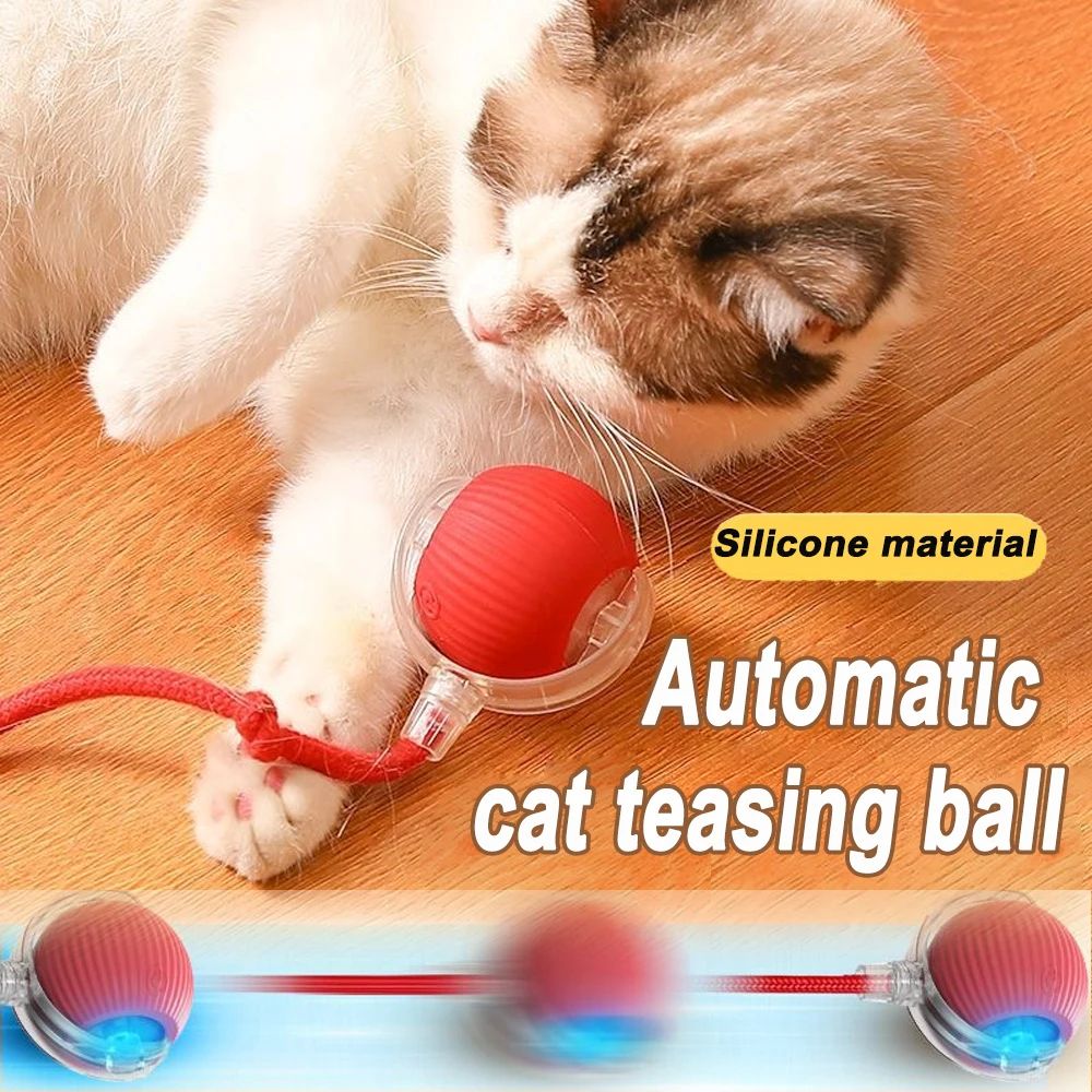 Smart Interactive Cat Toy Ball – Automatic Rolling Silicone Ball with Long Tail Teaser, USB Rechargeable
